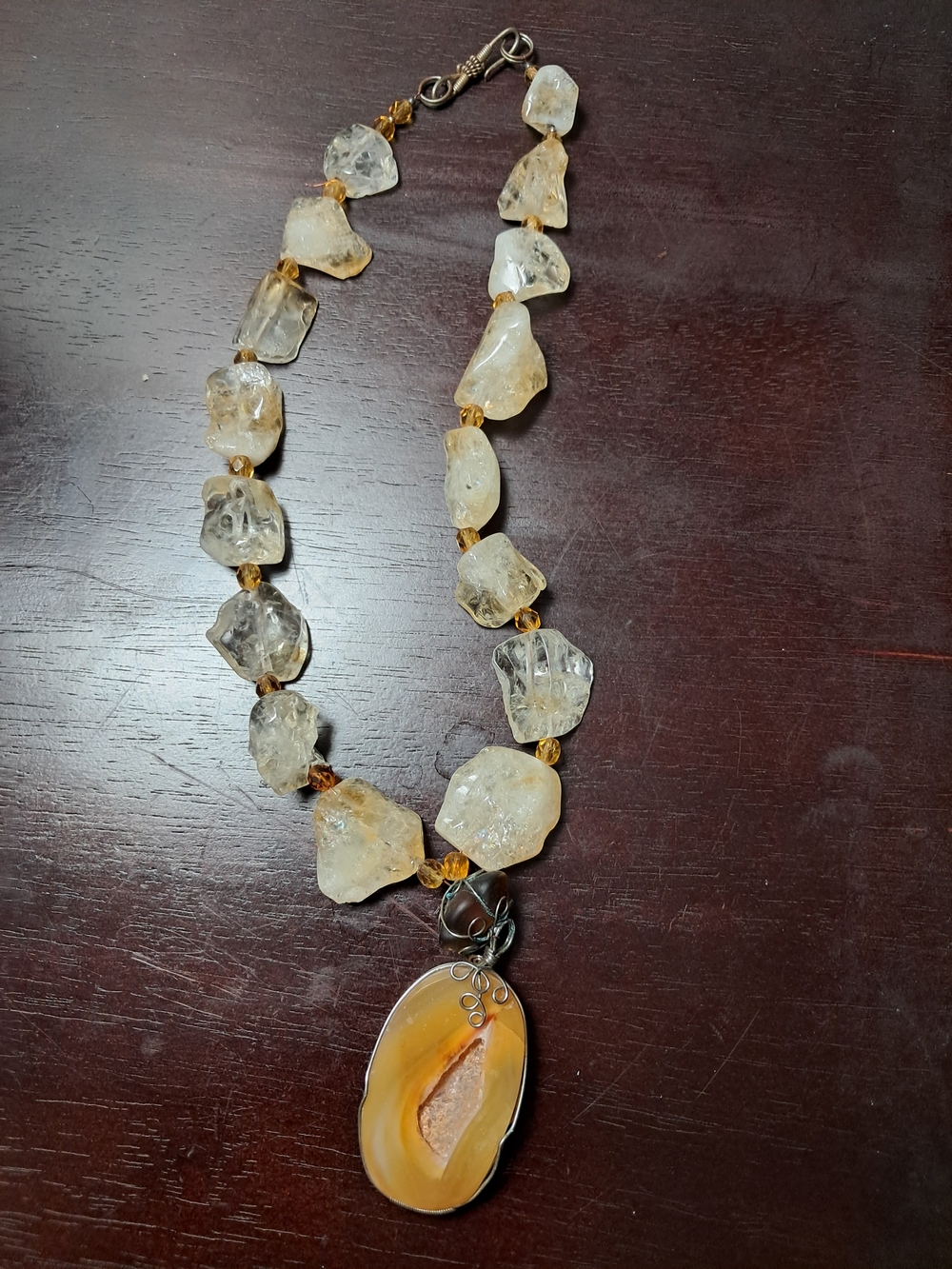Statement Quartz Pendant Necklace - Gold & Orange Handcrafted